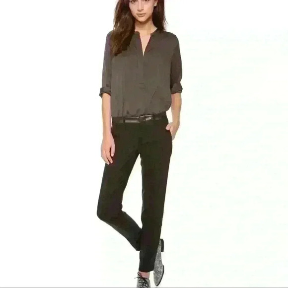 Vince 'Strapping' Leather Trim WOOL Trousers PANT BLACK 2 - Picture 1 of 7